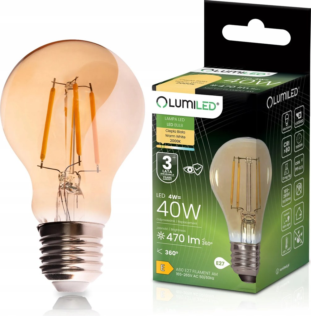 Led Izzó E27 A60 Filament Amber 4W 470LM 40W 2000K 360° Lumiled