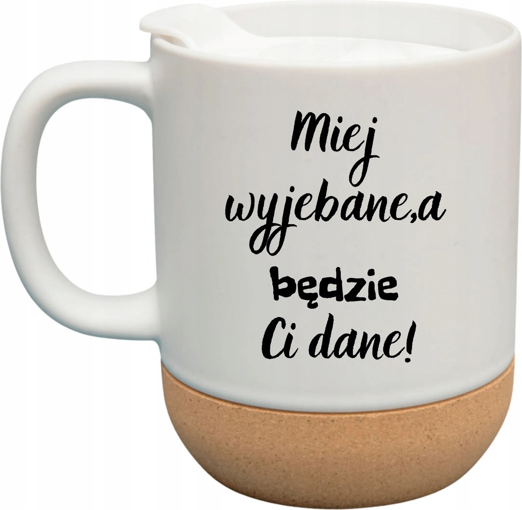 Fehér Bögre Fedéllel És Parafa Aljjal Ajándékba