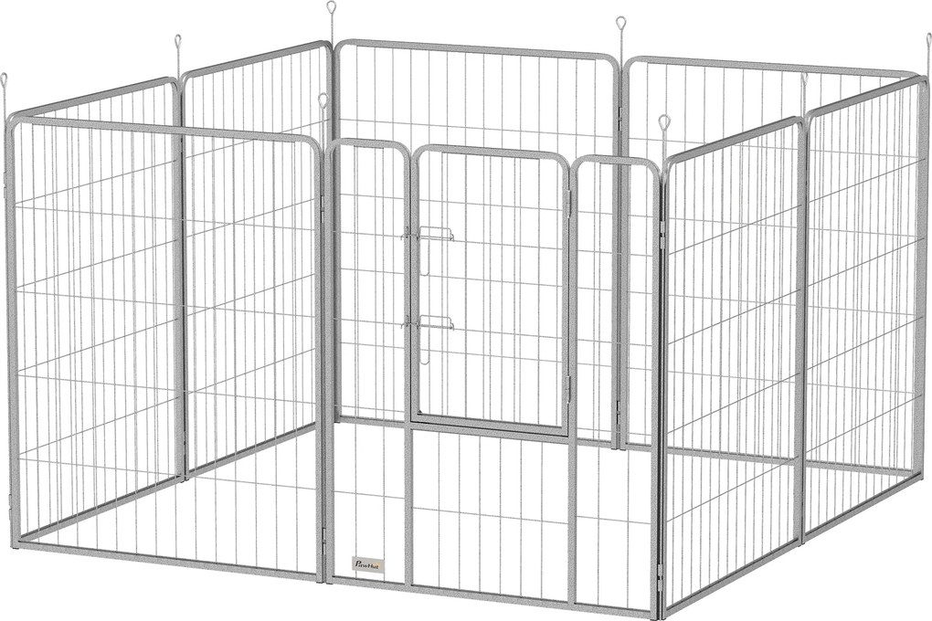 PawHut Kiskutya Játszókerítés 8-Panelekkel - 8 Rácsos Panel, Ajtó, Földbe Verhető Cövekek, 100cm Magas Kutyakerítés | Aosom