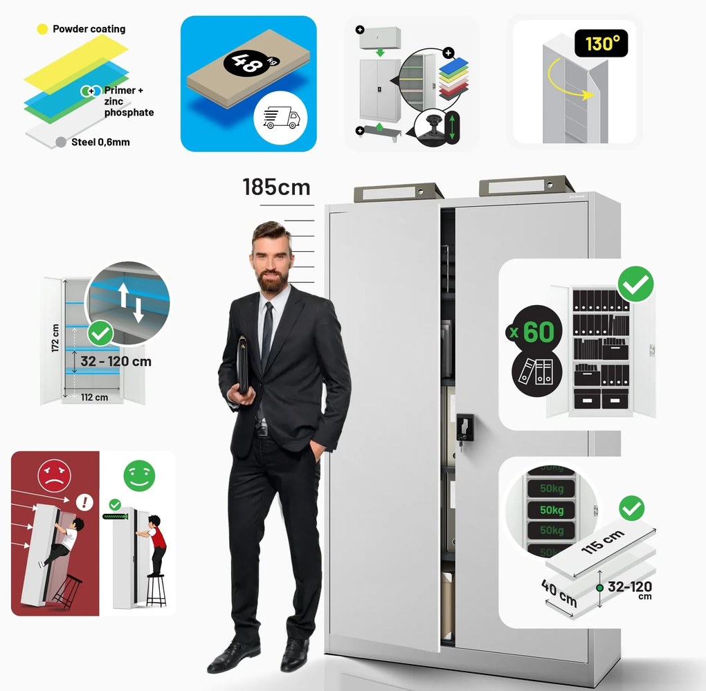 Fém iratszekrény JAN II, 1150 x 185 x 400 mm, szürke