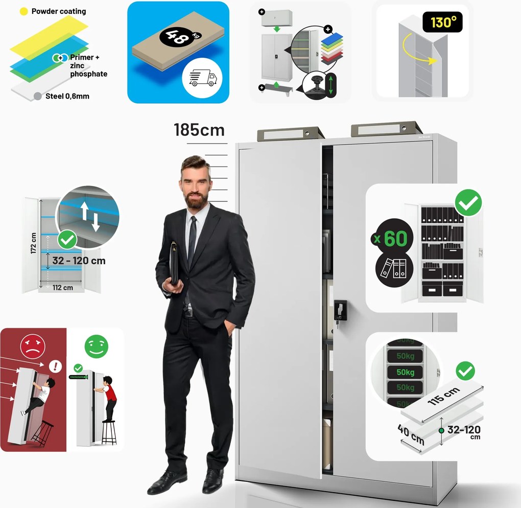 Fém iratszekrény JAN II, 1150 x 1850 x 400 mm, szürke