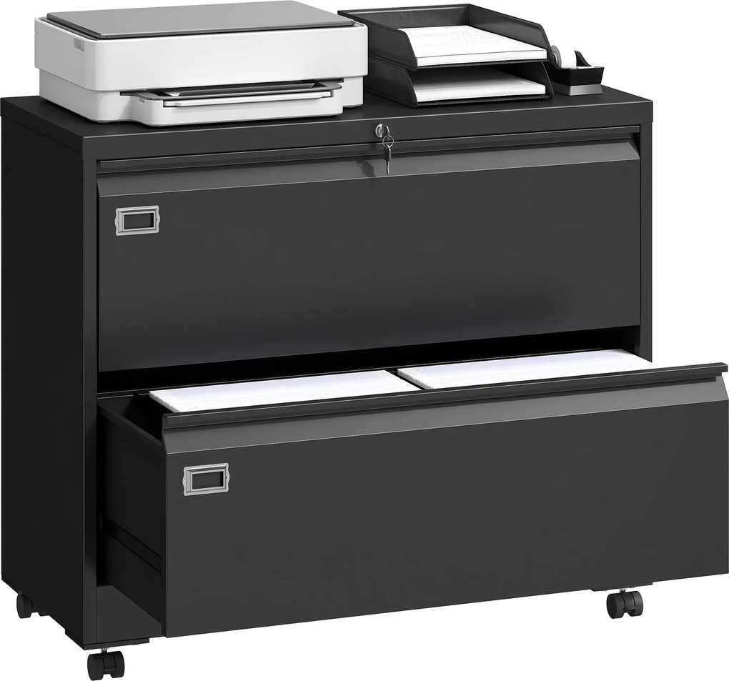 HOMCOM gurulós, zárható 2-fiókos iratszekrény állítható függesztősínekkel, acél, fekete, 90 x 40 x 77,4 cm | Aosom