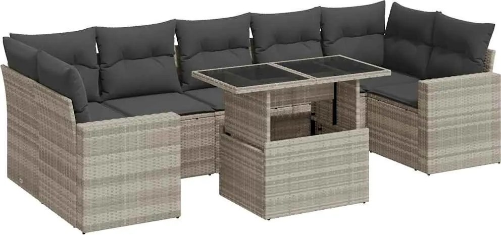 vidaXL 8 részes világosszürke polyrattan kerti ülőgarnitúra párnával