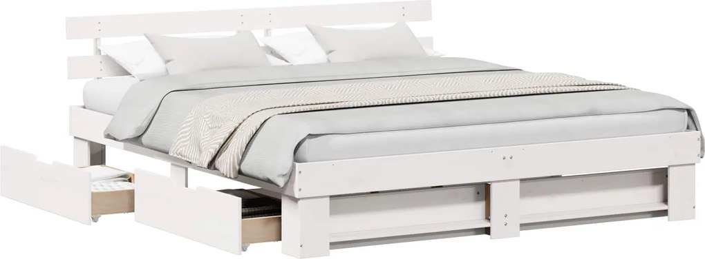vidaXL Ágykeret fejtámlával fiókkal Fehér 200 x 200 cm Tömör fenyőfa