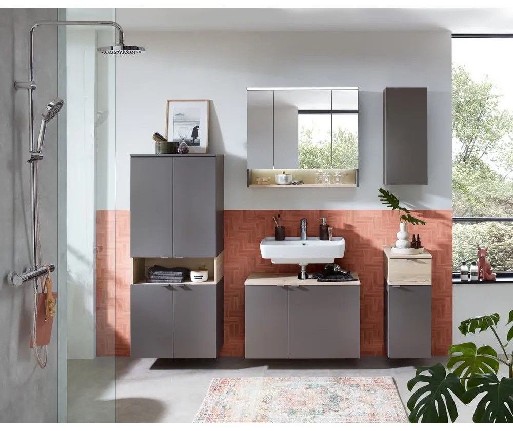 Szürke-natúr színű magas-fali fürdőszoba szekrény borovi fenyő dekorral 142x60 cm Quickset 394 – Pelipal