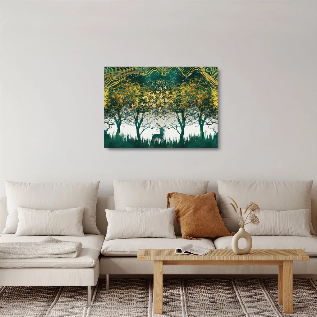 Kép - Szarvas a zöld erdőben (üvegen) (70x50 cm)