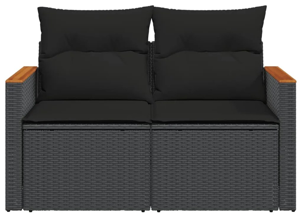 2 személyes fekete polyrattan kerti kanapé párnával