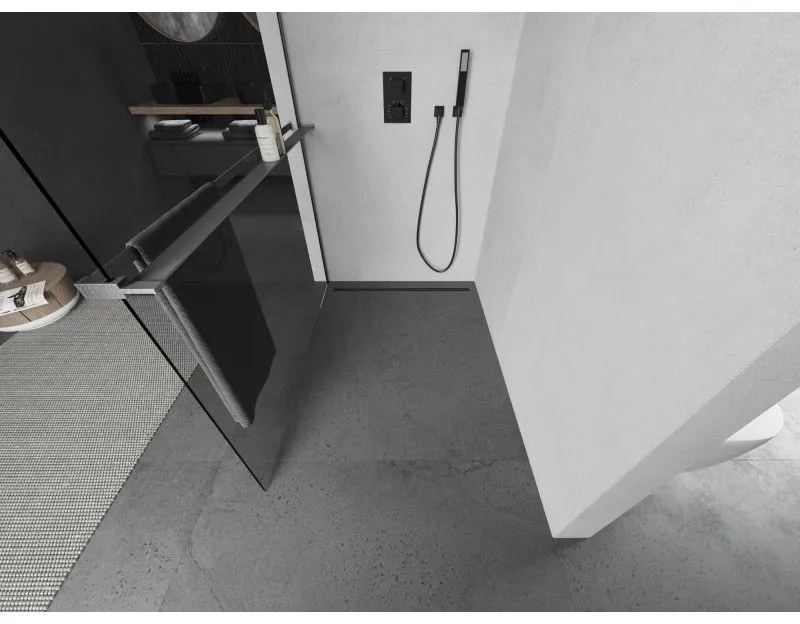 Mexen Kioto+, Walk-In zuhanyparaván polccal és akasztóval 75 x 200 cm, 8 mm átlátszó üveg, grafit profil, 800-075-121-66-00