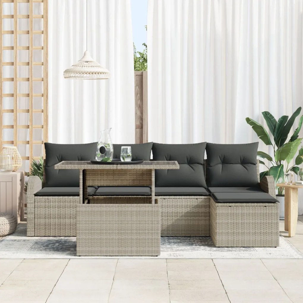 6 részes Kertibútor szett párnákkal Világosszürke Poli Rattan, 2 fős Kertibútor tárolóval &amp; párnákkal Világosszürke Poli Rattan