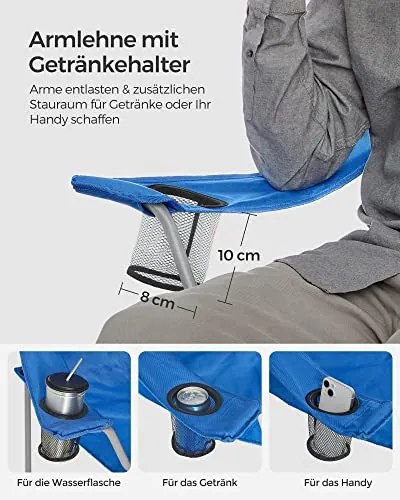 2 db összecsukható kempingszék, kényelmes, max. terhelhetőség 150 kg, pohártartóval, kék