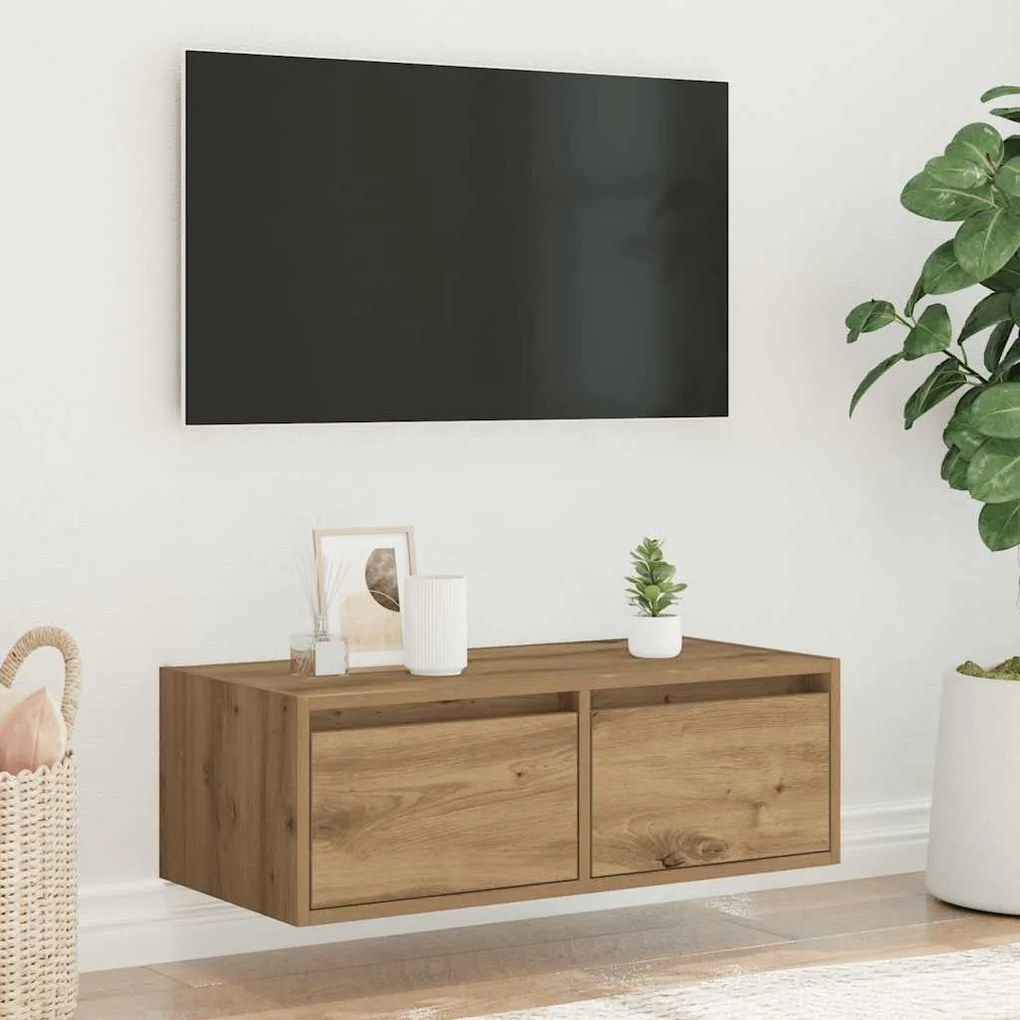 kézműves tölgy színű TV-szekrény LED-lámpákkal 75x35,5x25 cm