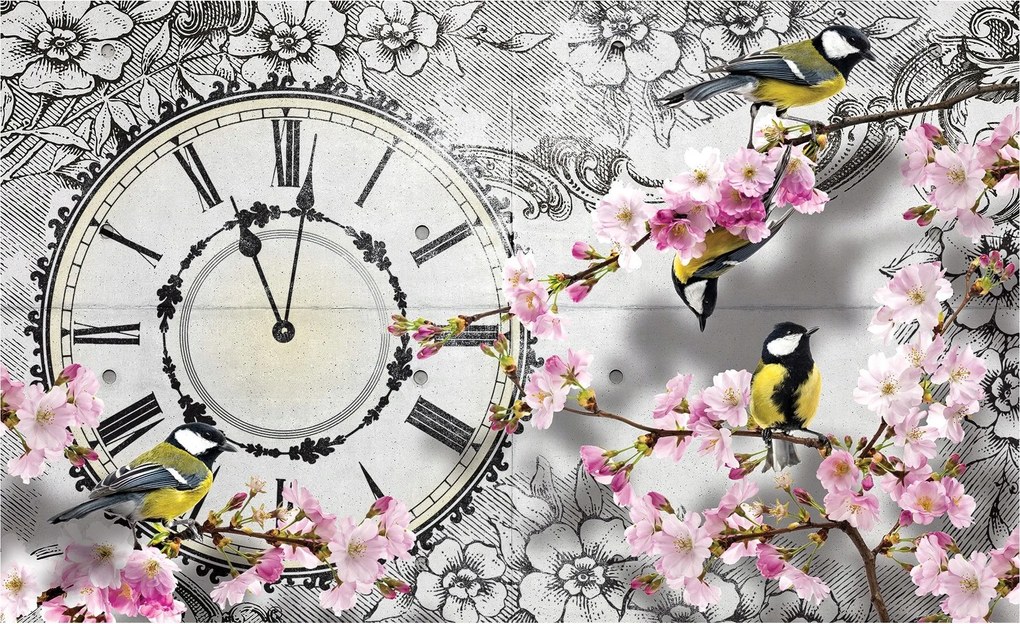 Vinyl fotótapéta Tavaszi óra cseresznyékkel és madarakkal 312x219 +ragasztó