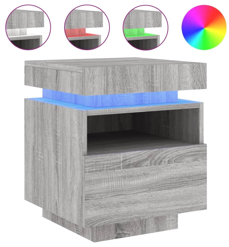 2 db szürke sonoma éjjeliszekrény LED-fényekkel 40x39x48,5 cm