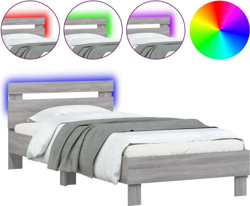 vidaXL szürke sonoma színű ágykeret fejtámlával és LED-ekkel 90x200 cm