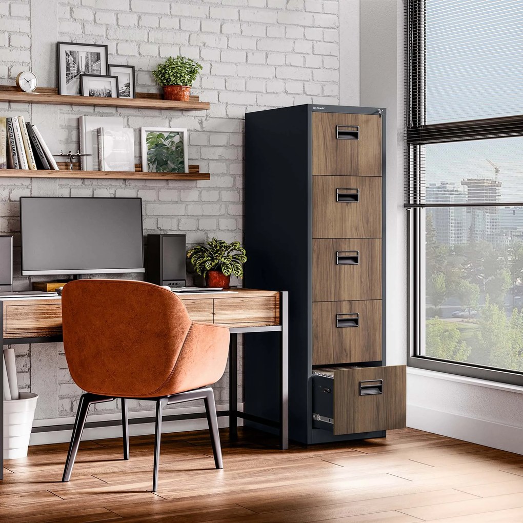 Fém irattartó szekrény, 5 fiókos SARA V5, 460 x 1630 x 620 mm, Eco Design: antracit/ dió
