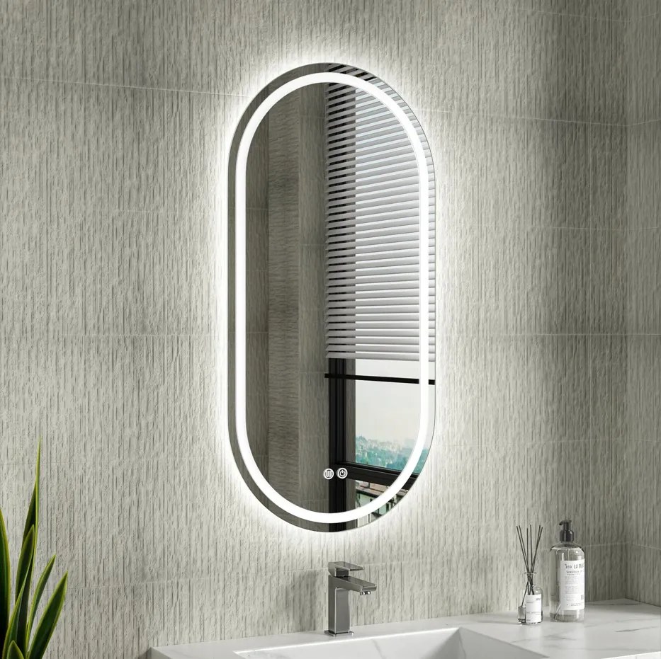 Erga Lyra, ovális LED tükör 50x100cm, 3 fényszín, első és hátsó világítás, páramentes fűtőpárna, ERG-V01-LYRA-5010-CL