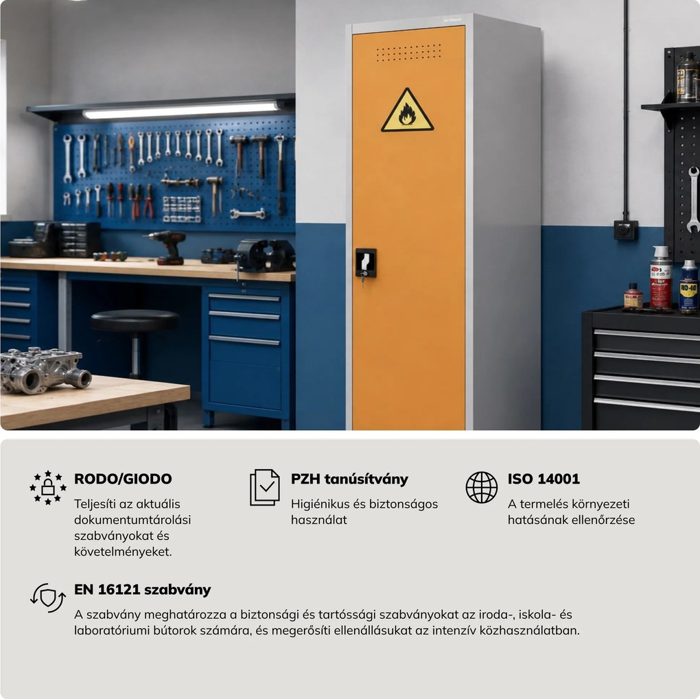 Oszlopos BHP vegyszerszekrény, szürke-sárga, 500x1850x400 mm: PETER