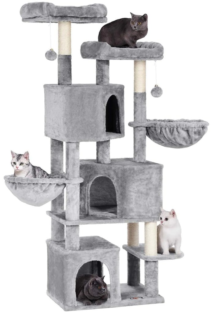 FEANDREA nagy macskafa 3 macskabarlanggal, 164 cm-es macskatorony, világosszürke