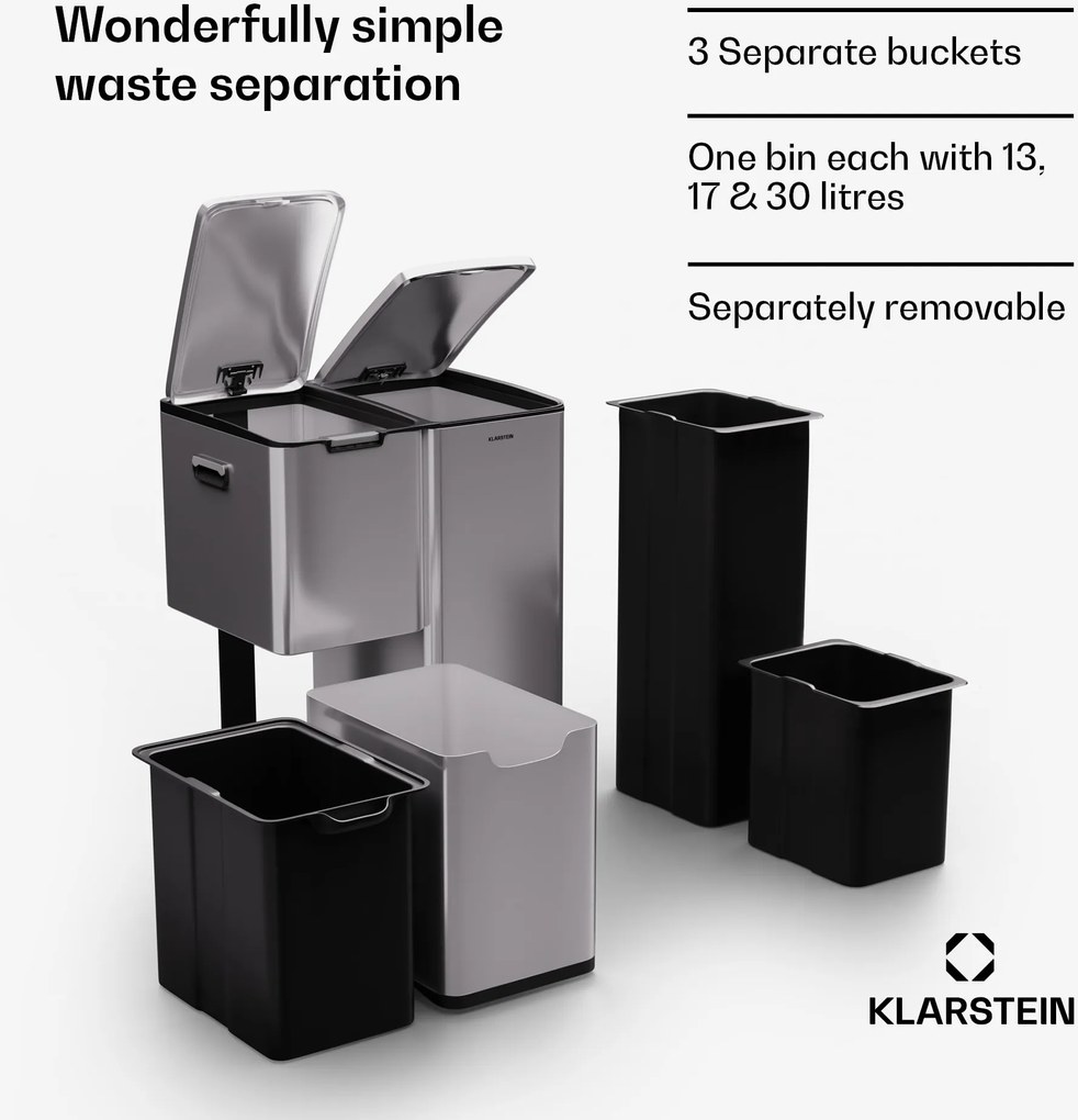 Klarstein Tiyo 3 az 1-ben, szemetes, 60 literes, kivehető kosár, puha záródású