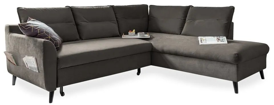Stylish Stan L sötétszürke kinyitható bársony sarokkanapé, jobb oldali - Miuform