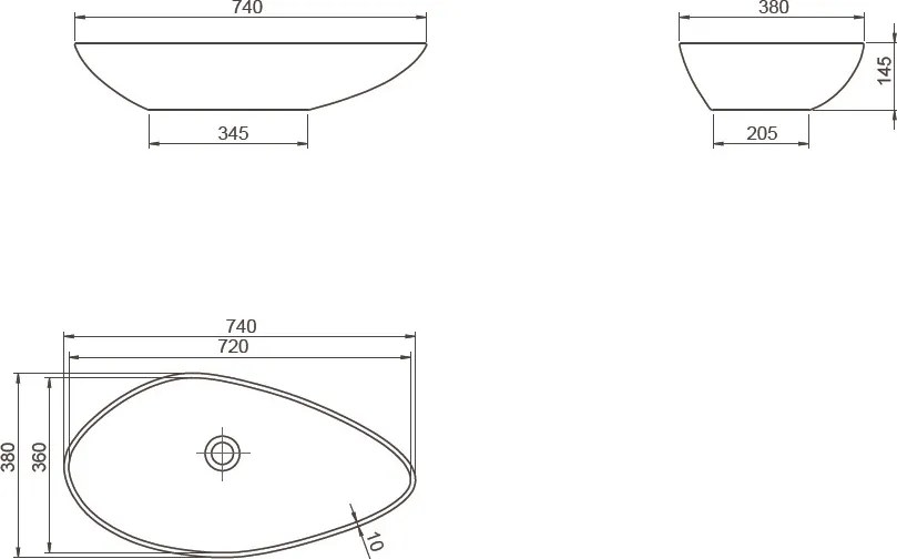 CeraStyle OLIVE - PULTRA ültethető - Top Counter - porcelán mosdó - MATT FEKETE -75 x 38 cm