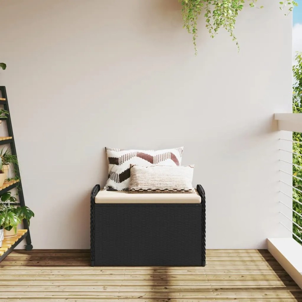 Fekete polyrattan tárolópad párnával 80 x 51 x 52 cm
