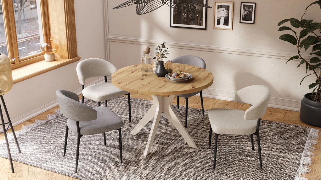 Mazzoni RENZO Artisan Tölgy/bézs láb (pezsgő) - KEREK ASZTAL Ø110 180 cm-re BŐVÍTHETŐ | A KONYHÁBA ÉTKEZŐBE NAPPALIBA RETRO