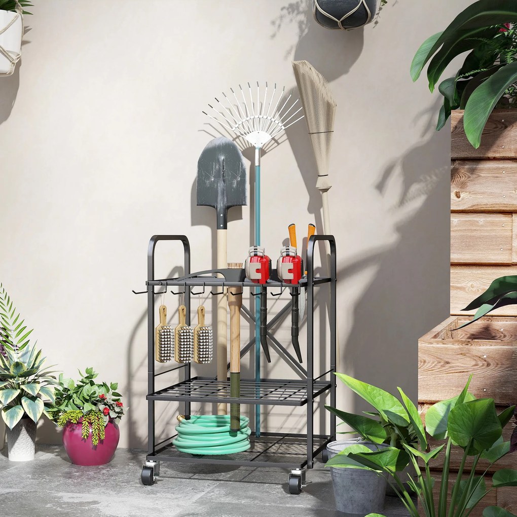 Outsunny Kerti Eszköz Szervező 9 Horoggal, 40 Rekeszes Kerti Eszköztartó, Fém Garázs Eszköztartó Kerekeken Késélezők, Lapátok, Gereblyék számára, Feke