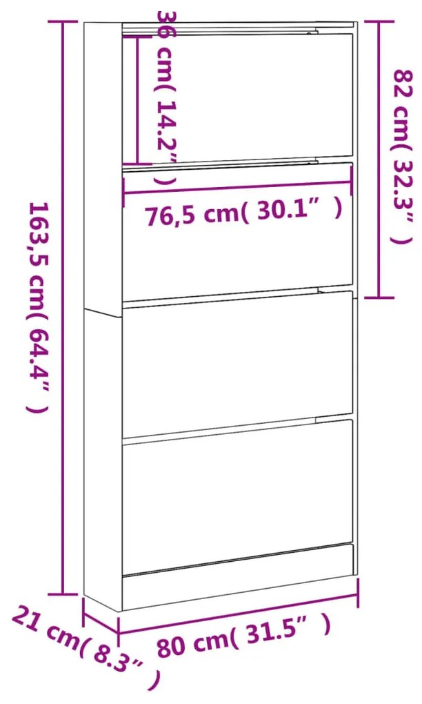 barna tölgy cipőszekrény 4 kihajtható fiókkal 80x21x163,5 cm