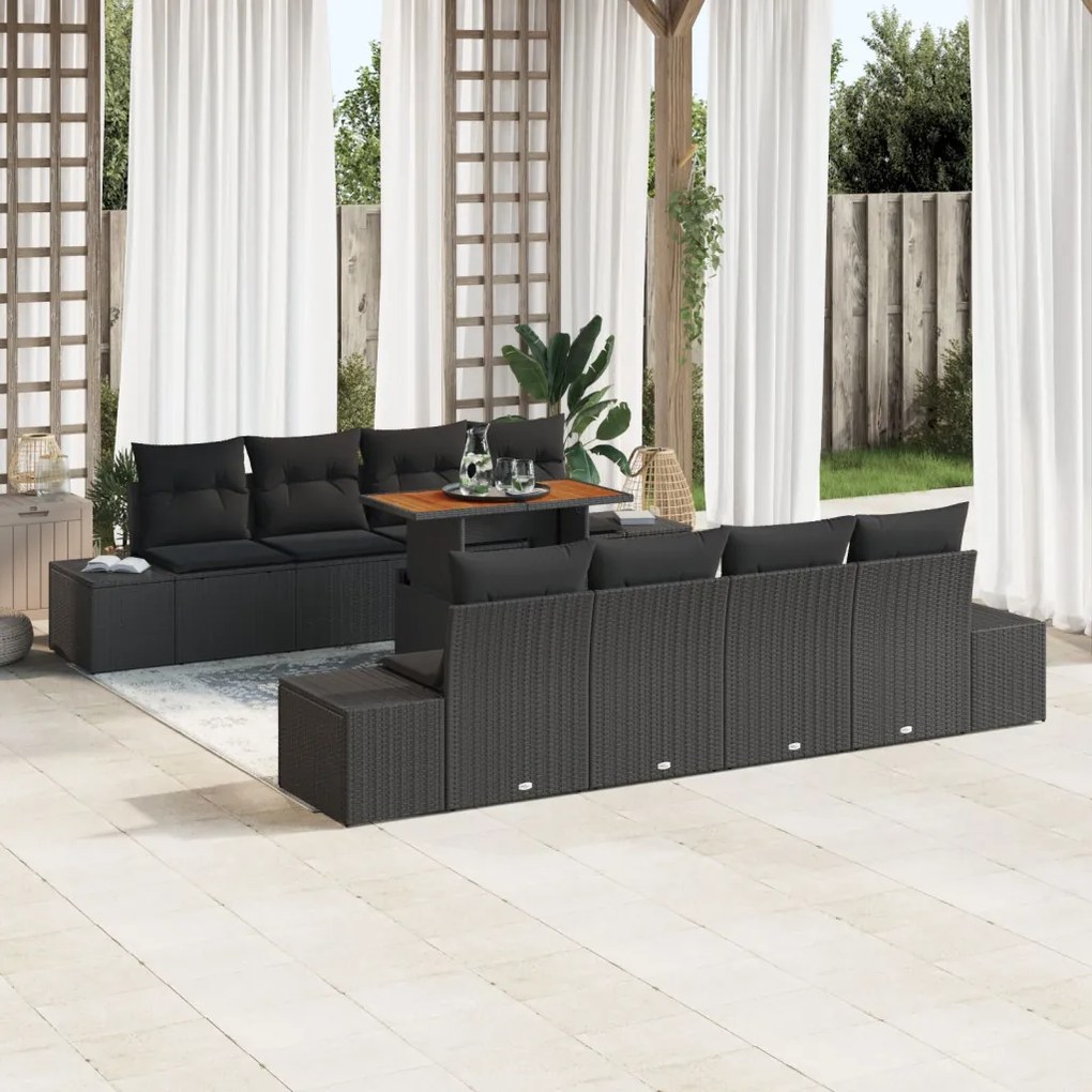 7 részes Kert Sofa Szett Párnákkal Fekete Poli Rattan