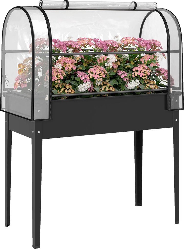 Outsunny emelt virágágyás levehető mini üvegházzal, felnyitható tetővel és cipzáras ajtóval, vízelvezető lyukkal, 100 x 49 x 136 cm – fekete | Aosom