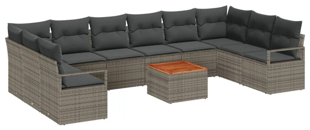 11 darabos kerti kanapé szett párnákkal szürke polyrattan akácia, 2-fős kerti kanapé tárolóval és párnákkal szürke polyrattan