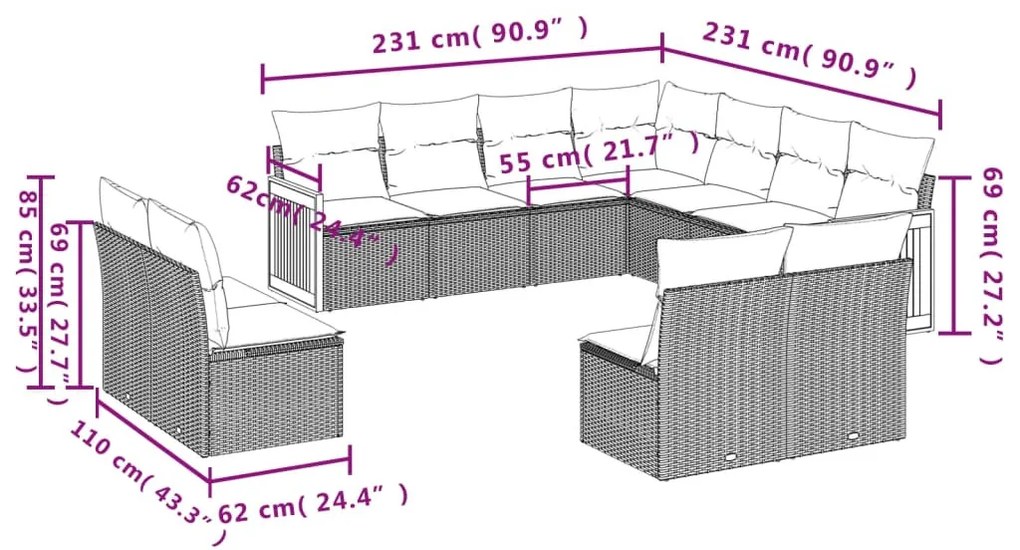 11 részes szürke polyrattan kerti ülőgarnitúra párnákkal