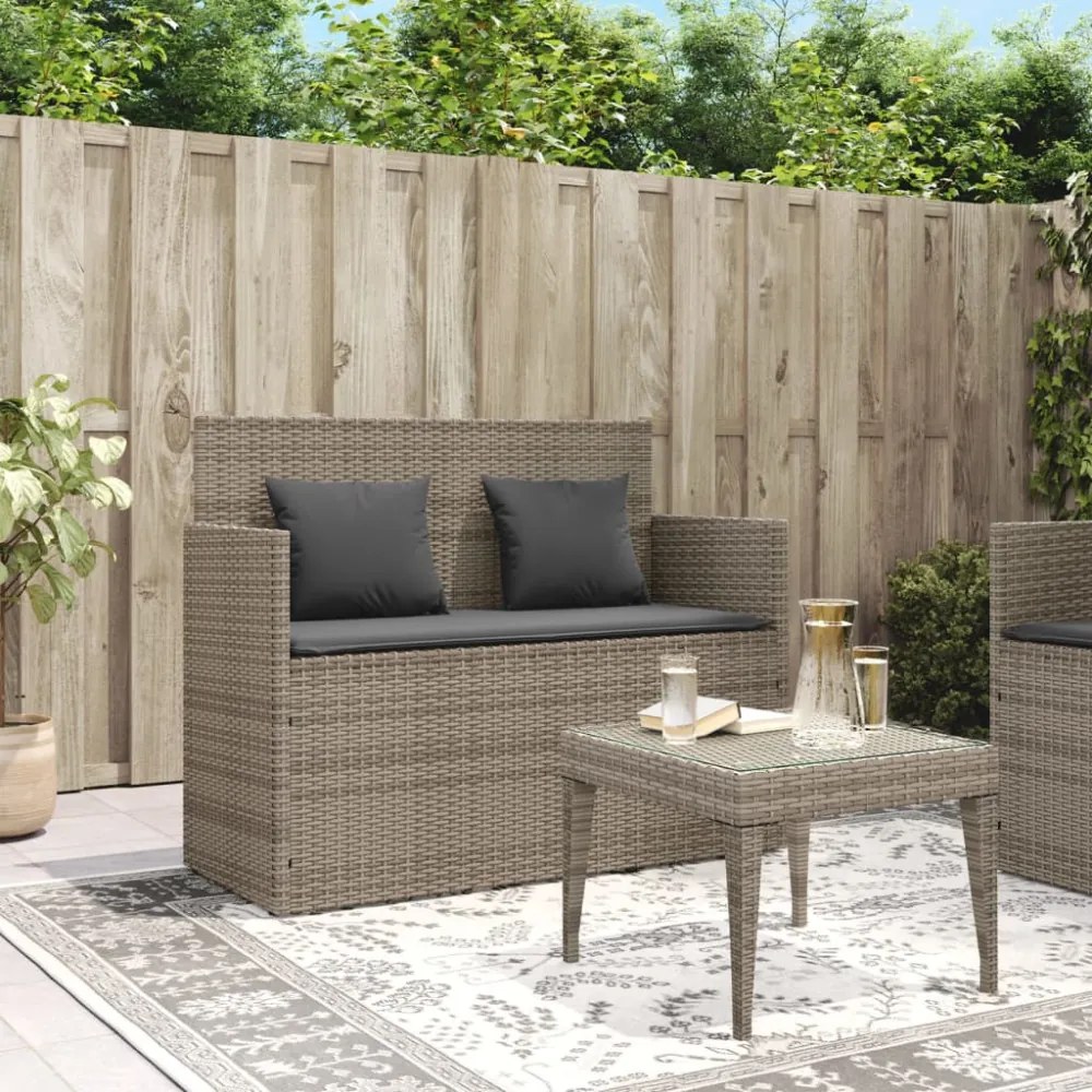 szürke polyrattan akácfa kerti pad párnával