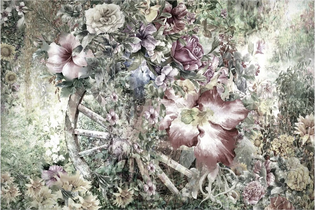 Virágok képe egy fából készült kerékpáron (90x60 cm)