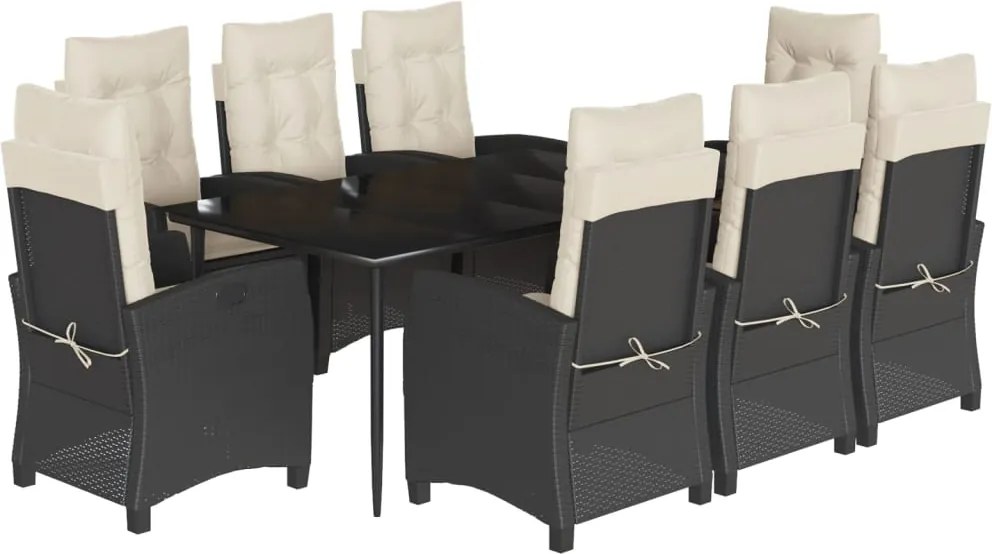 vidaXL 9 részes fekete polyrattan kerti étkezőgarnitúra párnákkal