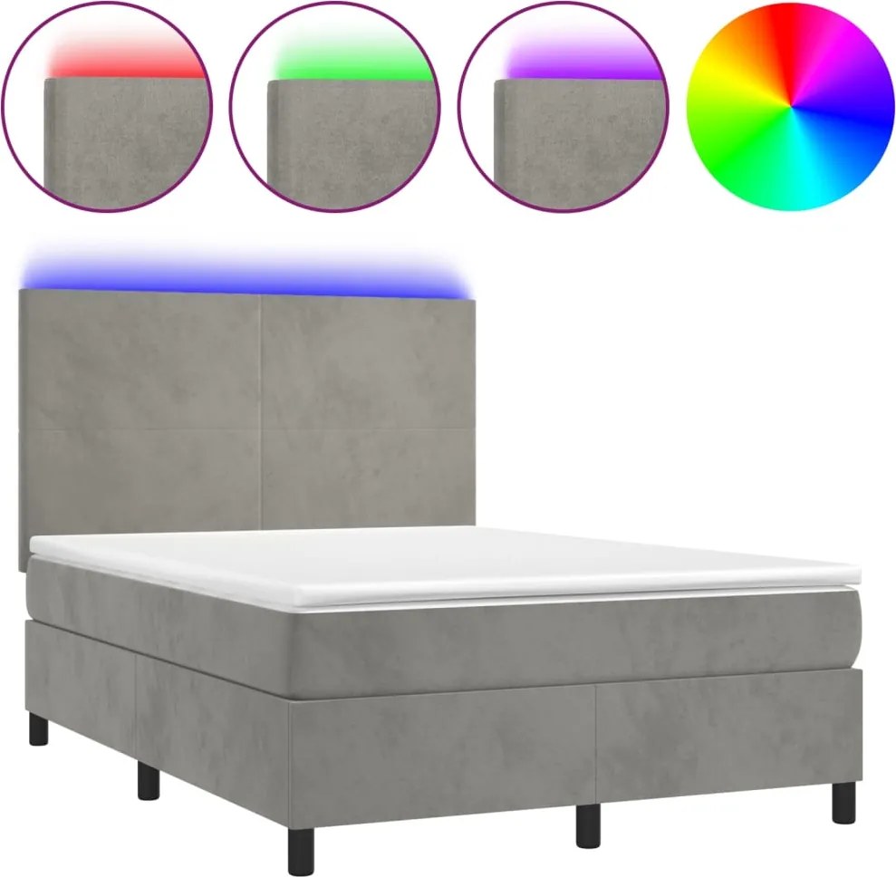 vidaXL világosszürke bársony rugós és LED-es ágy matraccal 140x190 cm