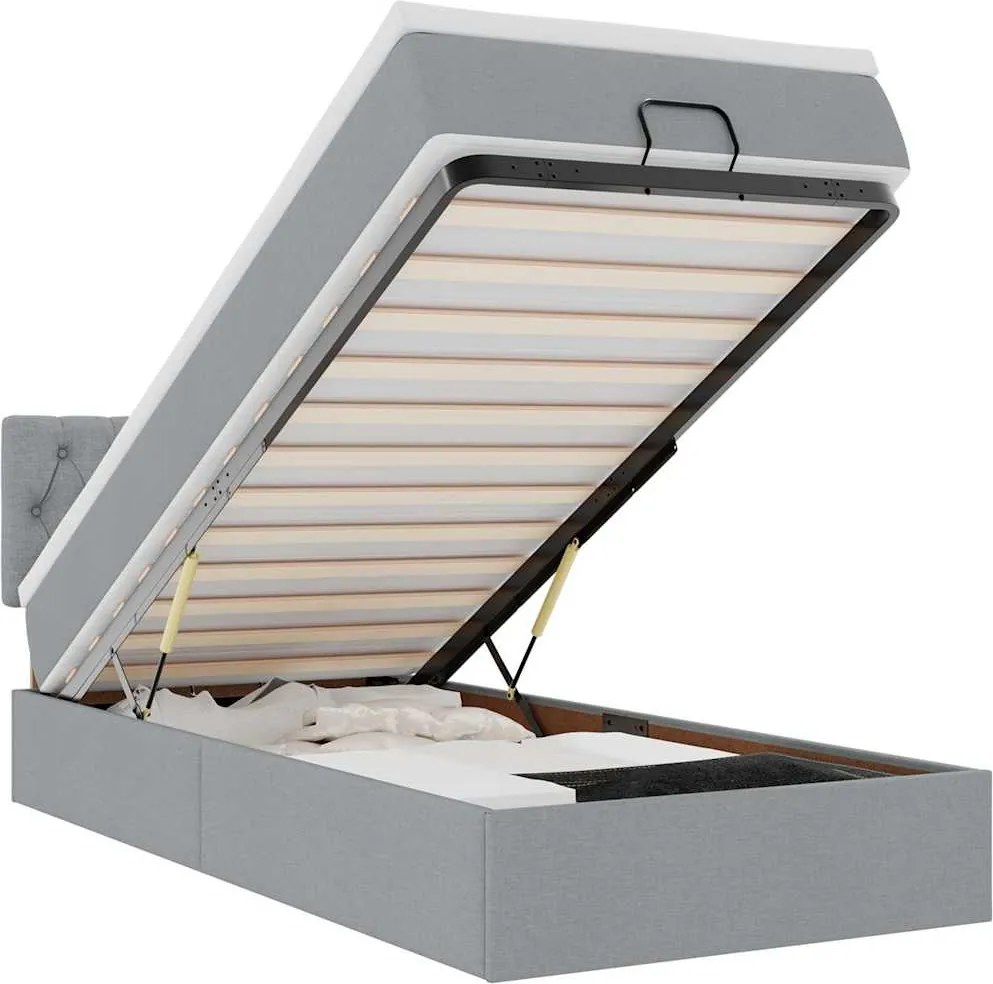 vidaXL világosszürke szövet ottomán ágy matraccal & LED-ek 90x200 cm