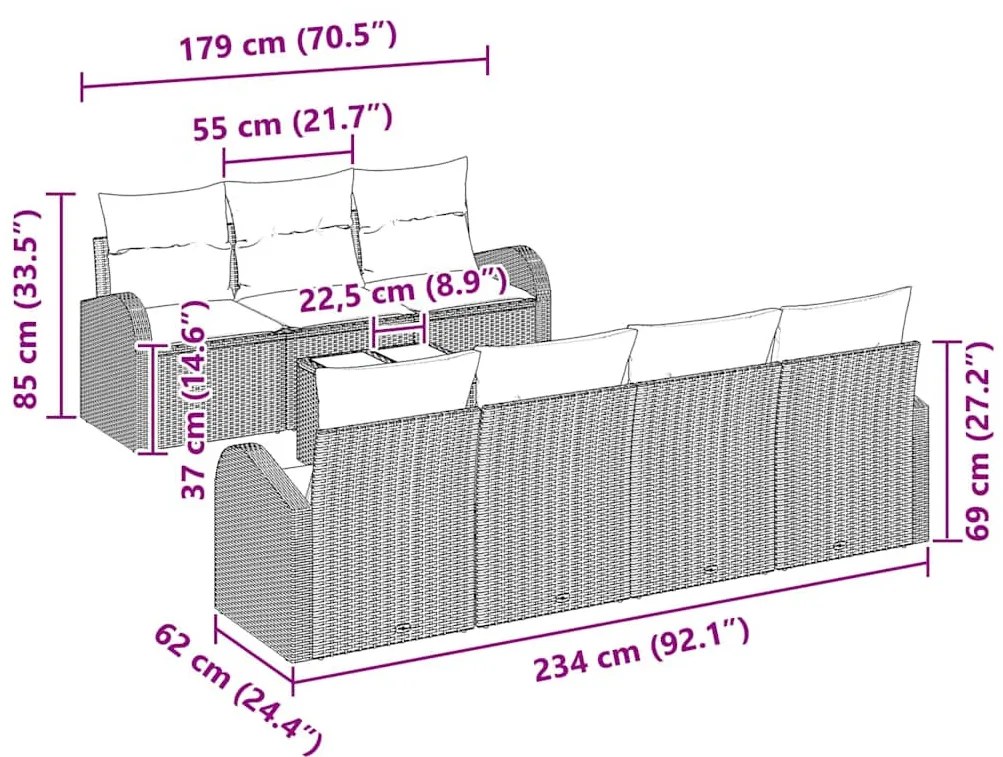 Kerti Kanapé Szett 8 pcs Szürke 55 x 55 x 37 cm polirattan