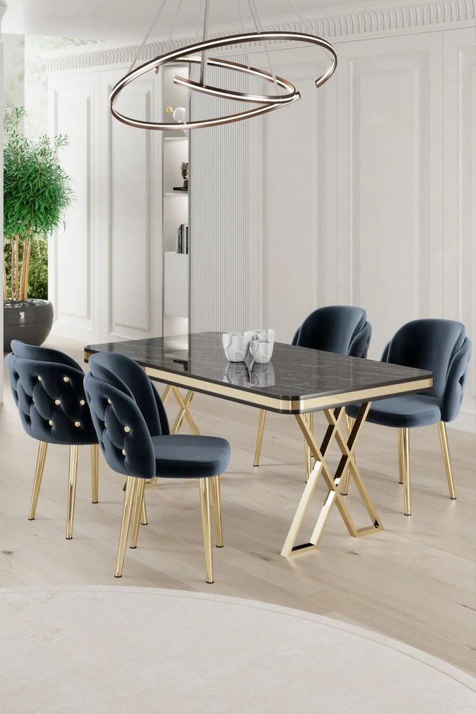 Rigel étkezőgarnitúra, fekete márvány-arany, 130 cm – TR240CHR2233