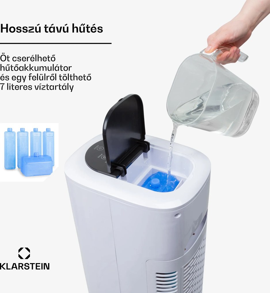 Klarstein Polar Tower Smart, ventilátor, léghűtő, 7L, 85W, távirányító, 5x hűtődoboz