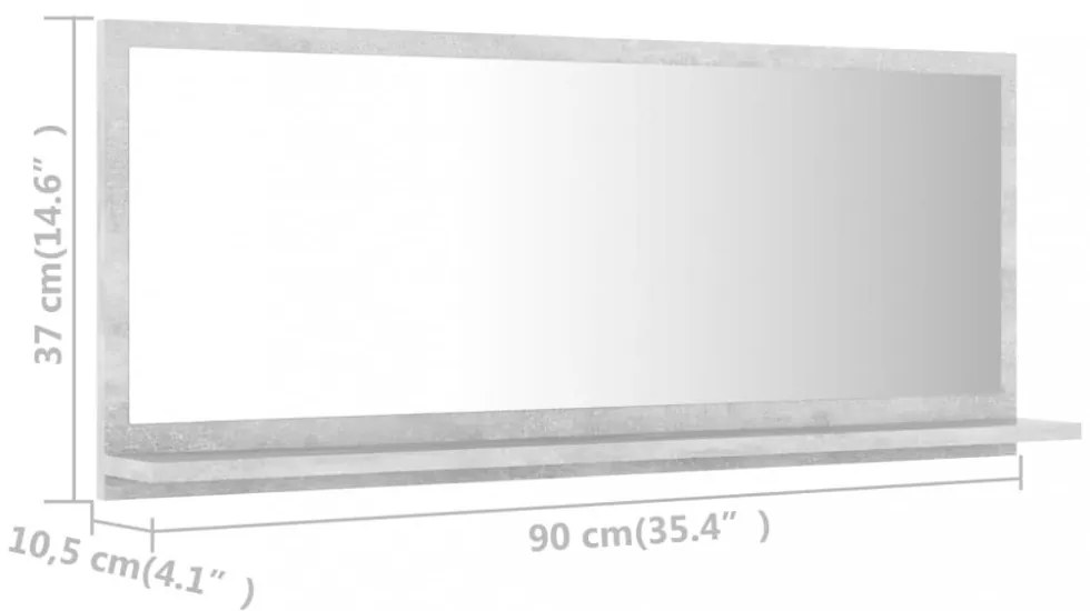 betonszürke forgácslap fürdőszobai tükör 90 x 10,5 x 37 cm