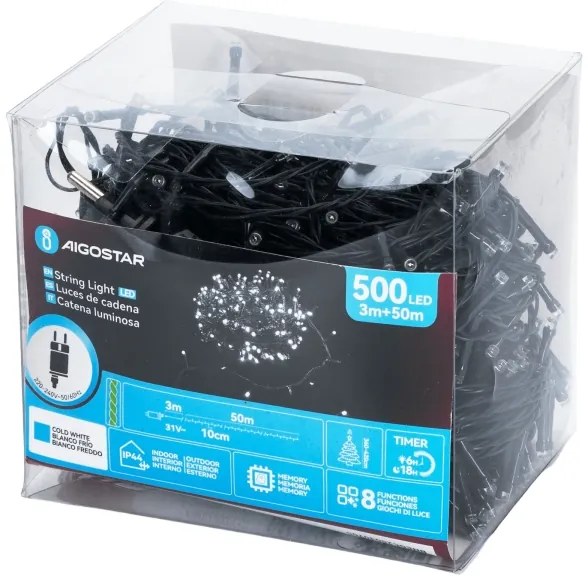 Aigostar - LED kültéri karácsonyi fényfüzér, 500 LED, 8 funkciós, 53 m, IP44, hideg fehér