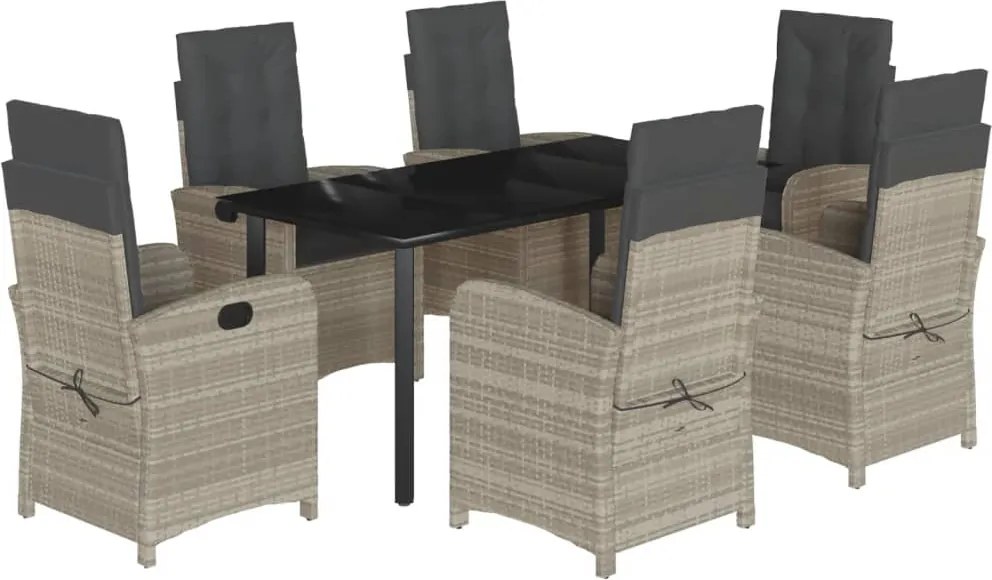 vidaXL 7 részes világosszürke polyrattan kerti étkezőszett párnával