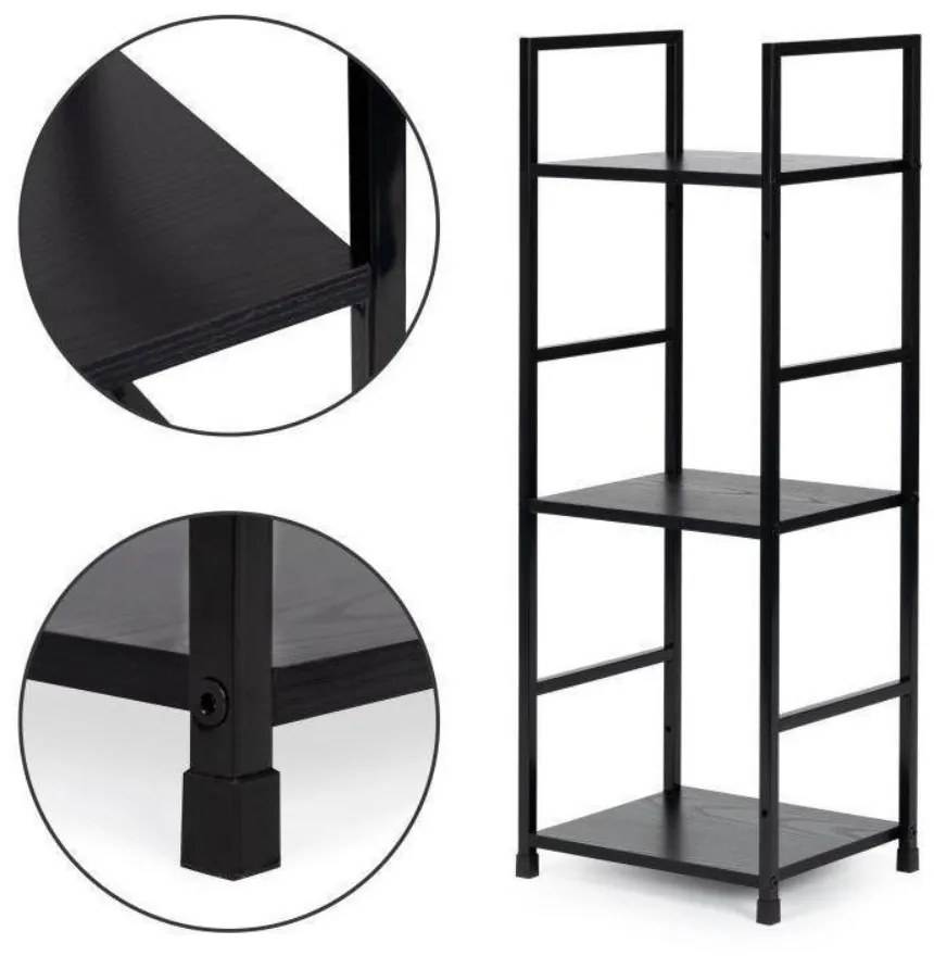 Fekete 3 szintes nyitott könyvespolc, tároló állvány fém lábakkal - 29x80cm Intenso