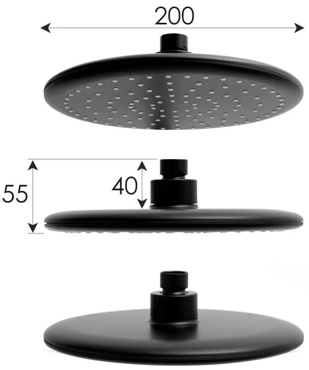 Erga Enza, zuhanygarnitúra termosztatikus csapteleppel és esőfejjel 20cm, fekete matt, ERG-YKA-BP.ENZA20-BLK