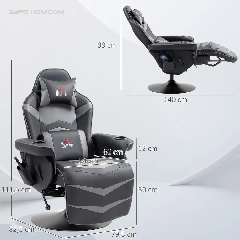 HOMCOM Gamer szék, masszázs funkció, dönthető háttámla, lábtartó, 120 kg-ig, acél keret, műbőr, szürke