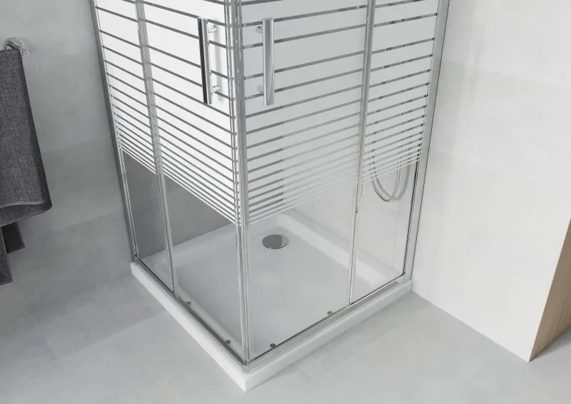 Mexen Rio 90 x 90 cm-es szögletes zuhanykabin, fehér csíkok, króm + Flat zuhanytálca, fehér - 860-090-090-01-20-4010