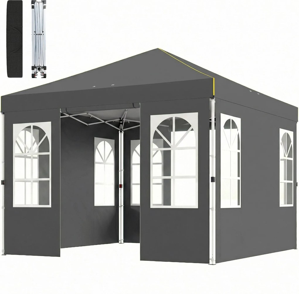 Outsunny 3 x 3 m vízálló pop-up pavilon — összecsukható kerti parti sátor, téltűrő, egygombos gyors beállítás, UV50+, oldalfalakkal és rögzítő készlet