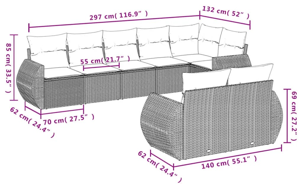 8 részes bézs polyrattan kerti ülőgarnitúra párnával